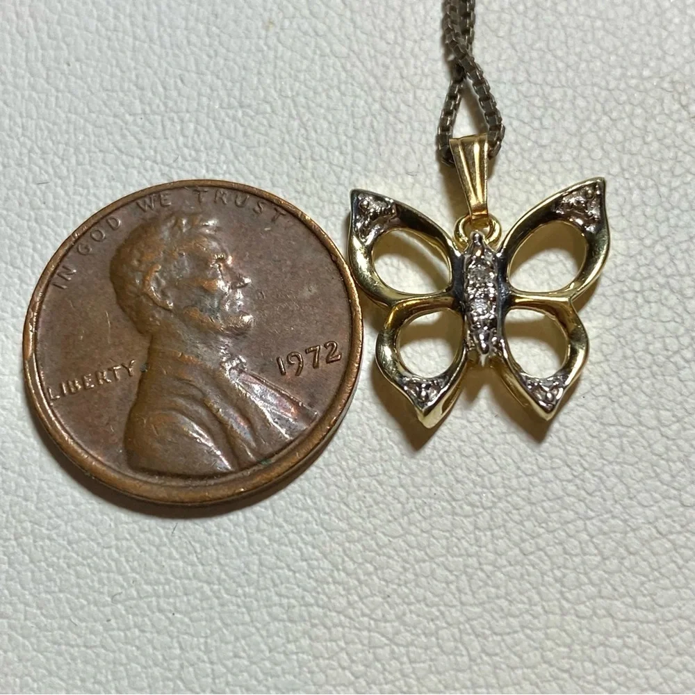 10K Gold and Diamond Butterfly charm necklace pendant Petite girls or ladies